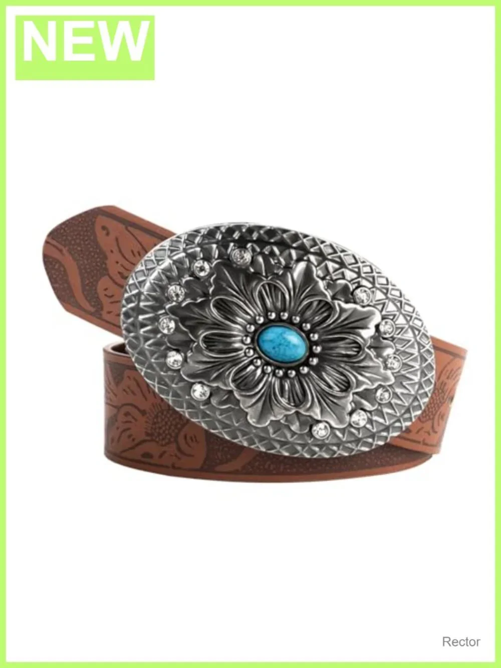 Western Faux Leather Belt with Turquoise Buckle for Women, 1.4 Inch Wide